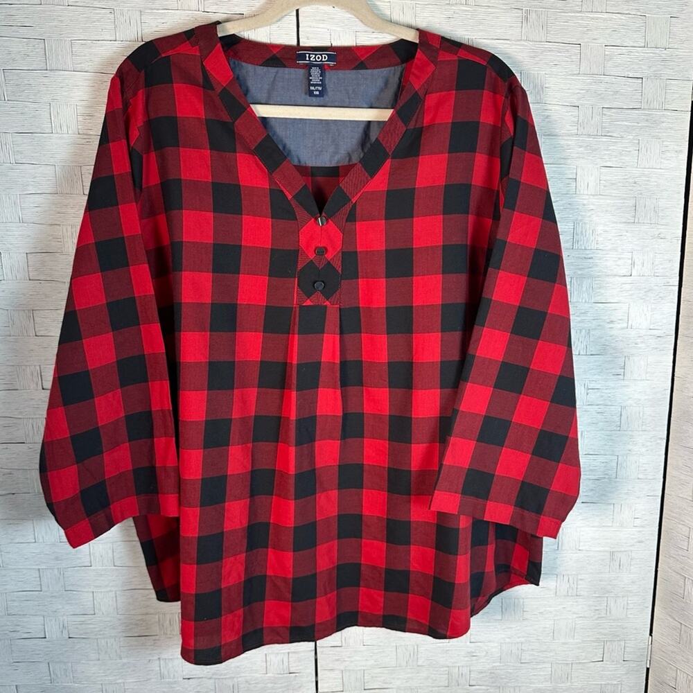 Izod Womens popover boules plaid buffalo check 3/4 sleeve lightweight plus size‎